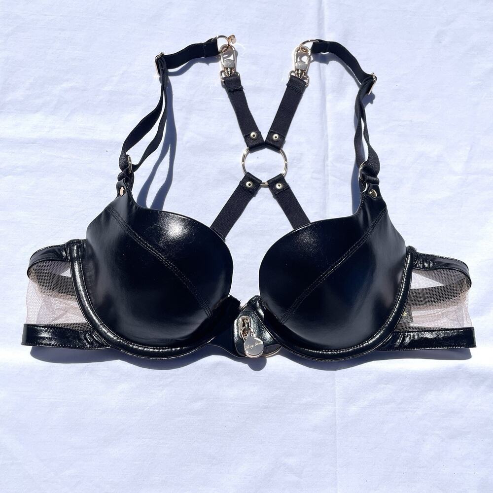Honey Birdette Black Faux Leather Underwire Harness Bra
